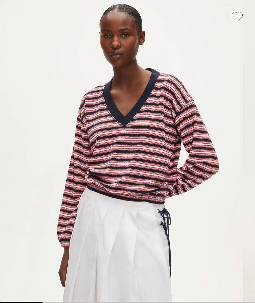 J. Crew Towel terry V-neck sweatshirt in Mira Stripe Navy White NWT size XS